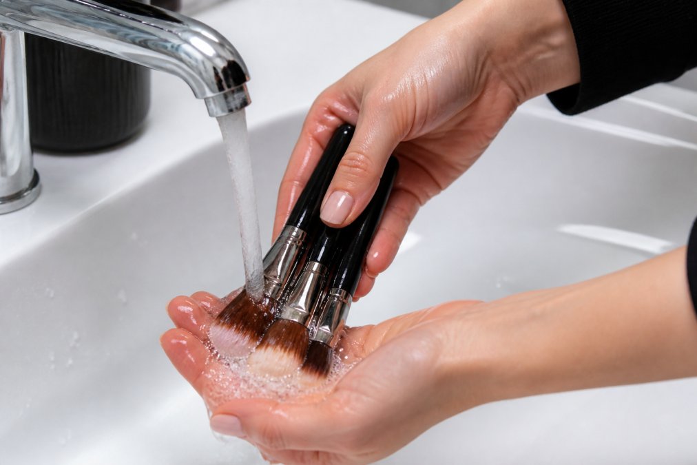 Close-up of hands gently washing makeup brushes under running water with cleanser, showing proper downward bristle positioning and careful technique