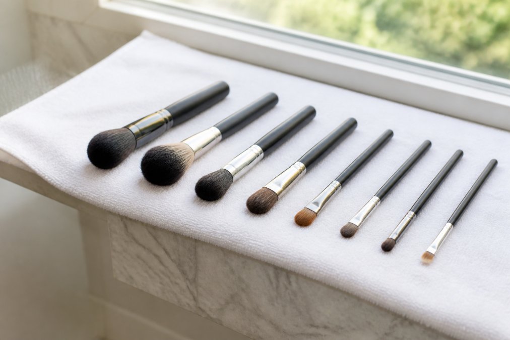 Makeup brushes laid flat on a clean white towel in natural daylight, with bristles angled slightly downward, demonstrating proper drying position and positioning