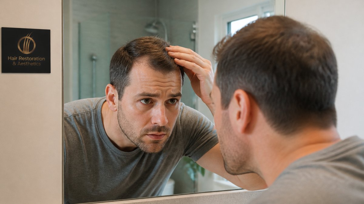 Close-up of a man in his 30s examining his hairline in a bathroom mirror, natural lighting, focused expression