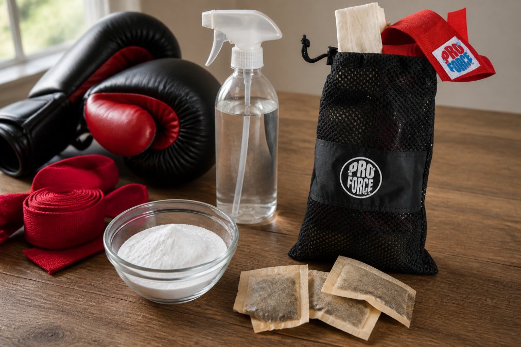 Close-up of baking soda in a small bowl, a spray bottle, and dried tea bags arranged on a wooden surface next to a pair of boxing gloves and cotton hand wraps, natural window light