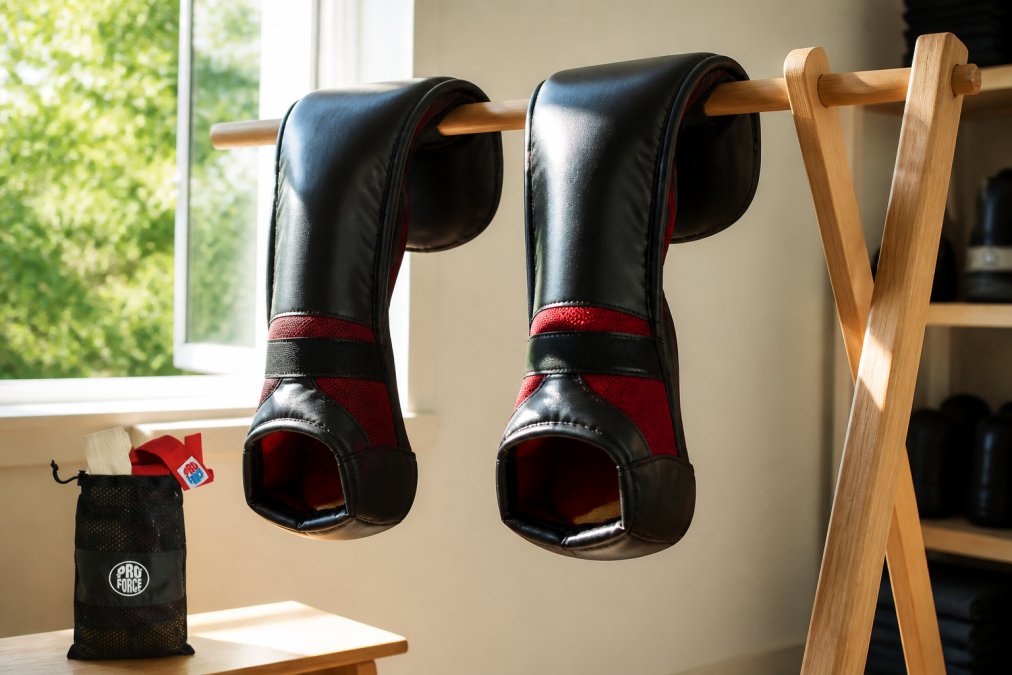 A pair of boxing gloves hanging upside down on a wooden drying rack near an open window, bright natural daylight streaming in, showing the interior openings facing downward for ventilation