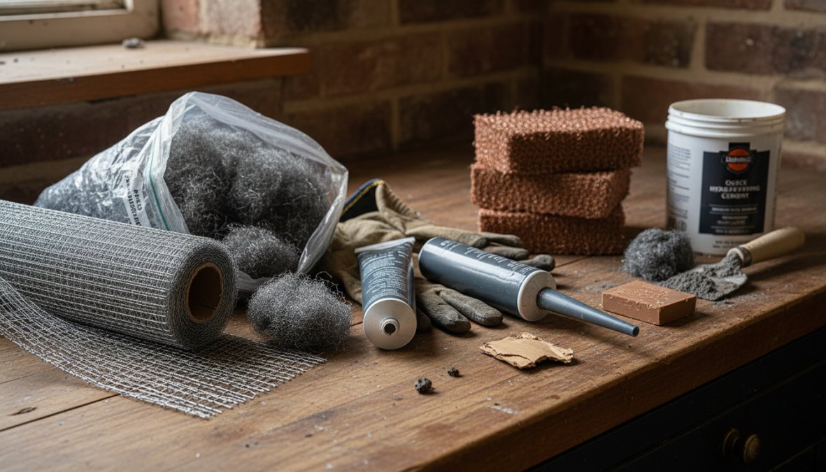 A person's gloved hands pressing steel wool into a gap around a copper pipe under a kitchen sink, with a tube of silicone caulk, hardware cloth, and wire cutters laid out on the cabinet floor nearby
