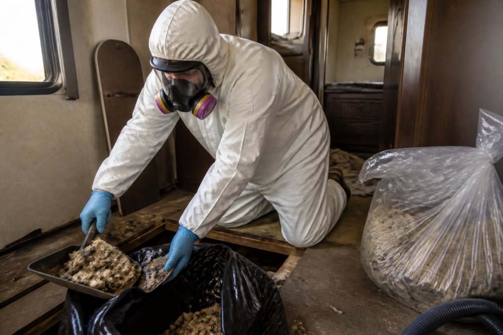 Pest control professional wearing full protective equipment including respirator mask, gloves, and protective suit carefully removing contaminated nesting materials and insulation from inside a trailer using specialized tools and biohazard bags