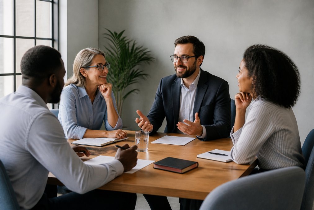 A manager and three team members having an open, relaxed conversation around a wooden conference table in a modern office, with natural window light, relaxed posture, and visible eye contact suggesting mutual respect and engagement