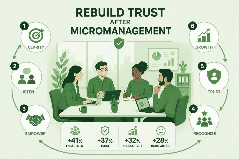 Team collaborating around a table in a modern office, appearing relaxed and focused on shared work, with minimal direct oversight visible