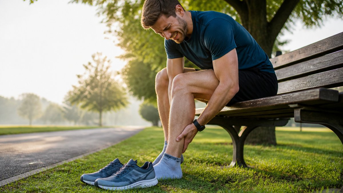 Infographic illustrating a step-by-step process to relieve a painful calf cramp while running outside