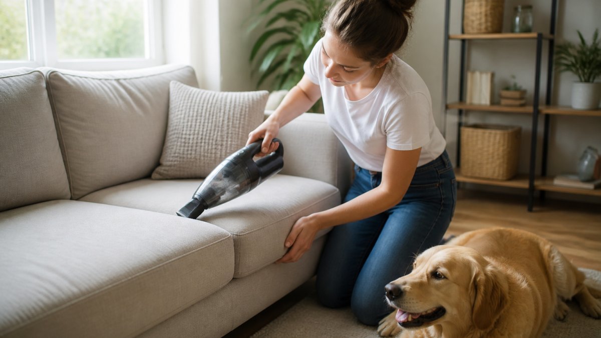 A person in casual clothes kneeling on a living room floor, vacuuming a sofa cushion with a handheld vacuum, a dog resting nearby, bright natural light from a window