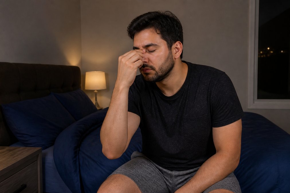 A close-up of a person's hand pinching the soft part of their nose while sitting upright on the edge of a bed in a dimly lit bedroom at night