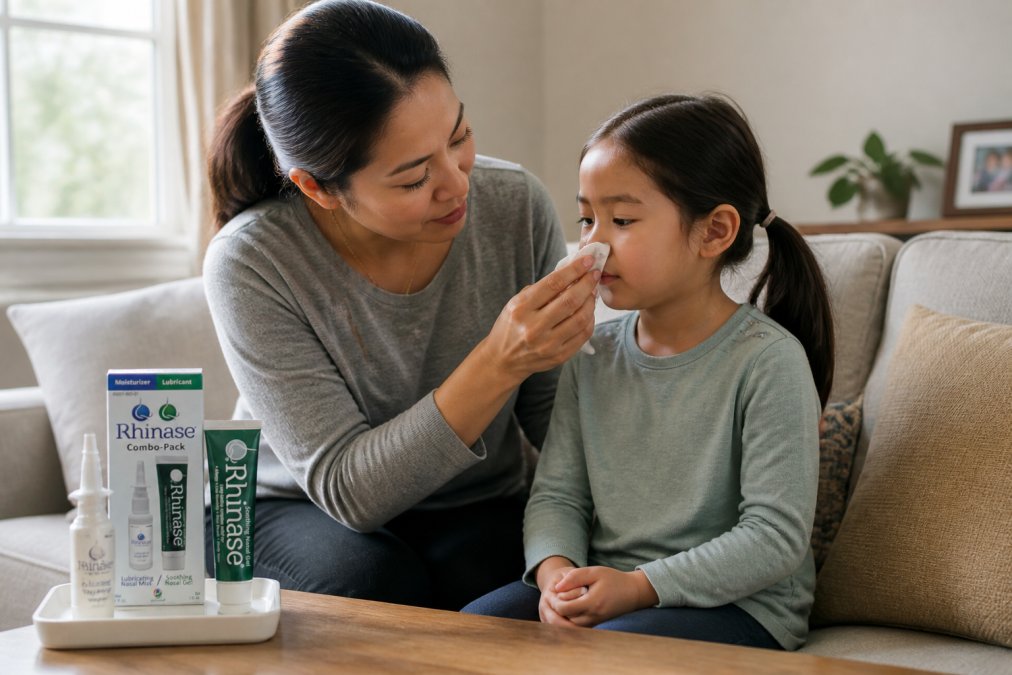 Parent sitting beside child in upright position, gently holding a tissue near the child's nose, both appearing calm and focused in a well-lit home setting