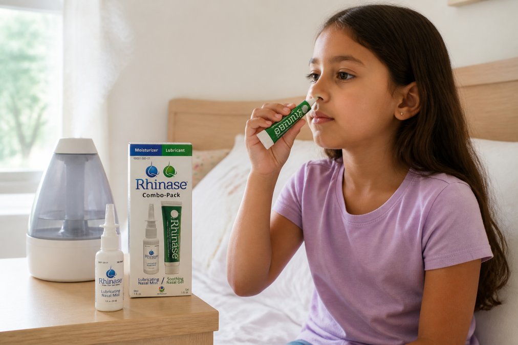 Child applying nasal moisturizing gel with a humidifier running in the background of a bright bedroom, showing preventative care setup