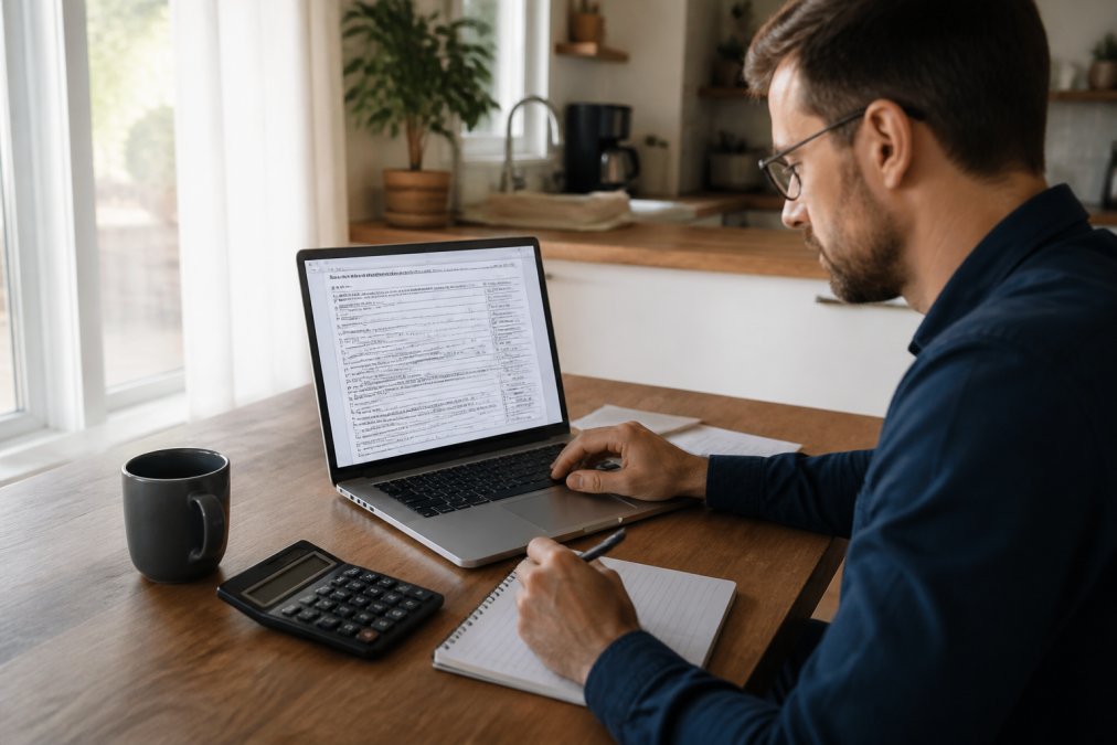 Person reviewing a W-4 tax form on a laptop to help stop overpaying taxes from their home office desk