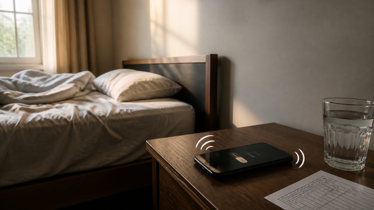 A smartphone alarm ringing on a nightstand across the room from an unmade bed in early morning light, with a glass of water and a printed schedule on the table