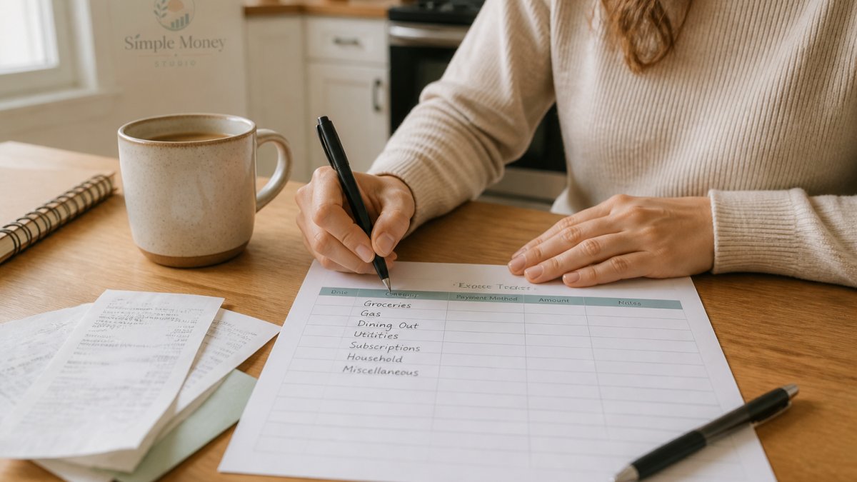 Close-up of hands writing spending categories into a printed expense tracker on a kitchen table, with a coffee mug, receipts, and a pen nearby in soft morning light
