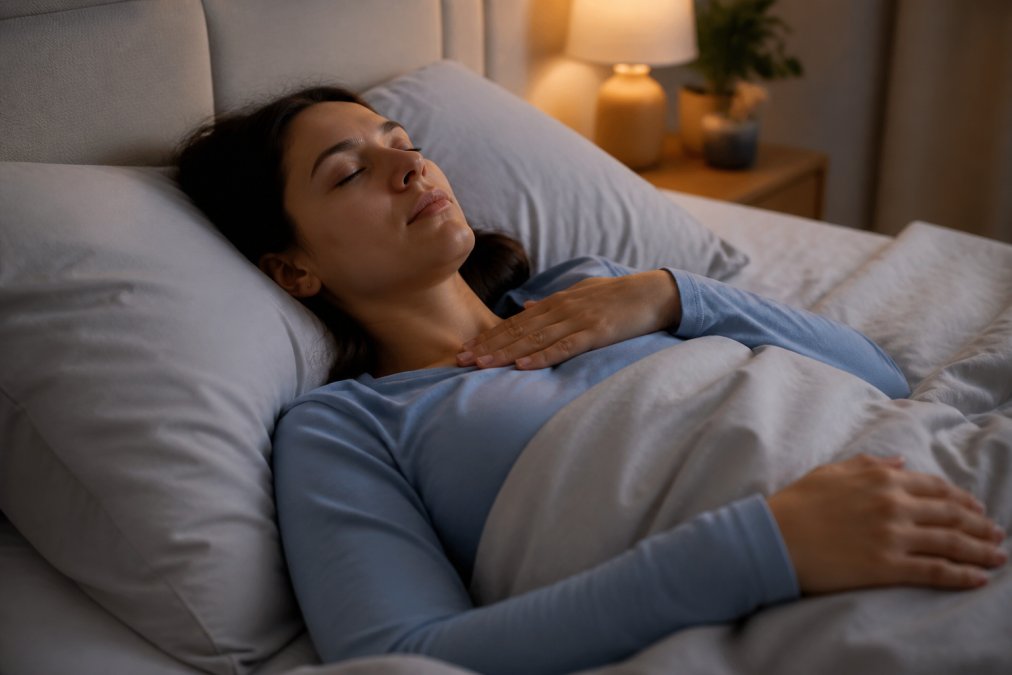 Person lying in bed in a calm, dimly lit bedroom, hand on chest, eyes closed, practising deep breathing in a relaxed posture