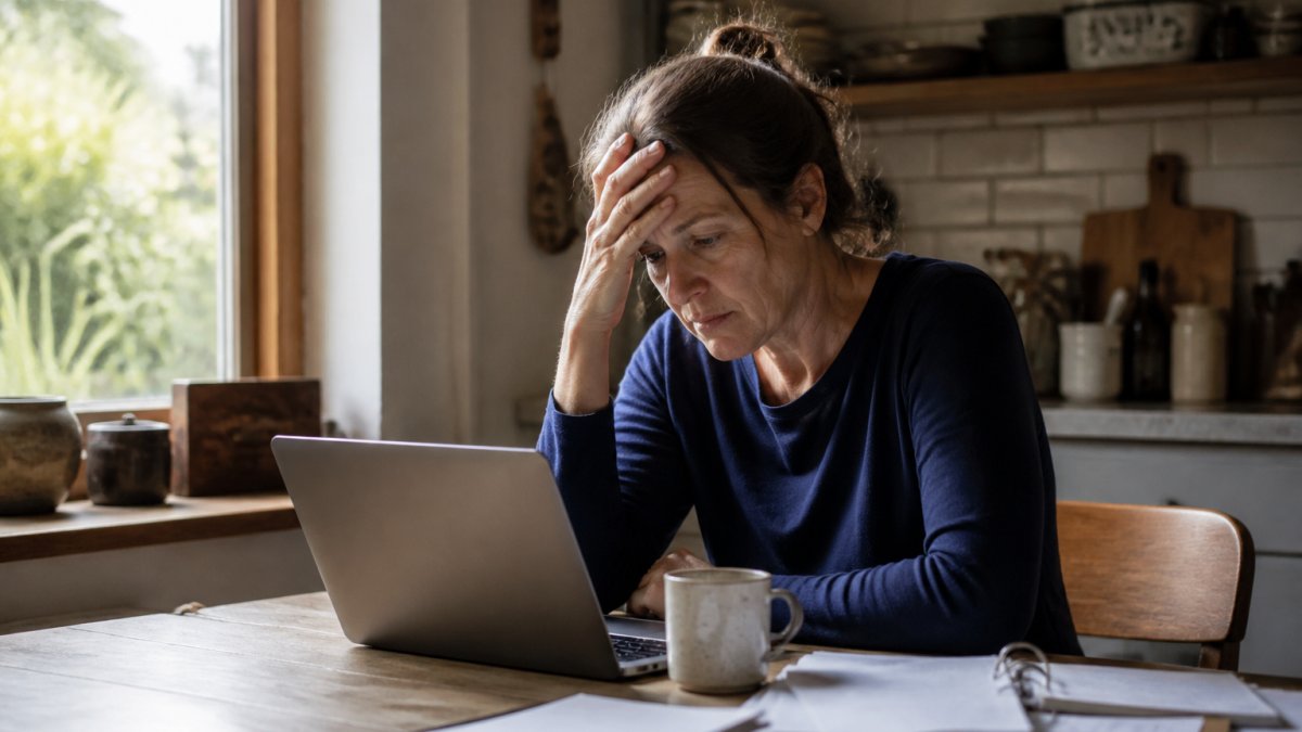 Professional sitting at desk, hand on forehead, looking at laptop screen with concerned expression, morning light through window