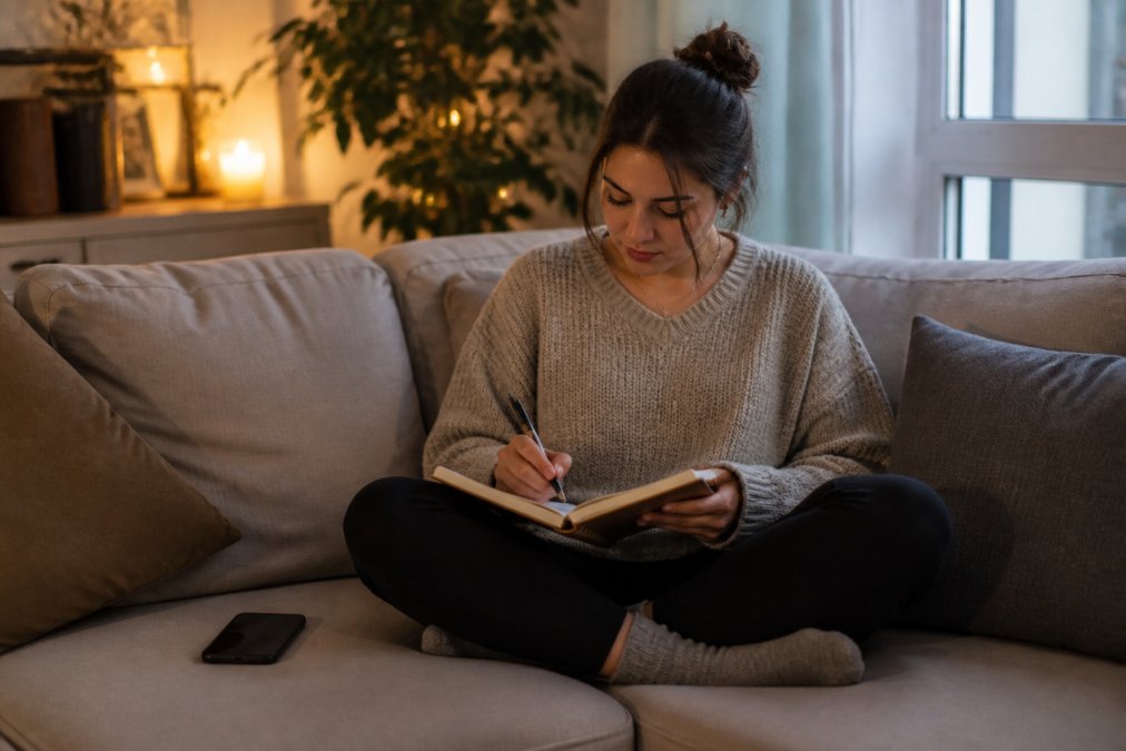 A young woman sitting on a couch at night, phone face-down on the cushion beside her, notebook and pen in her lap, calm and focused expression as she writes instead of scrolling