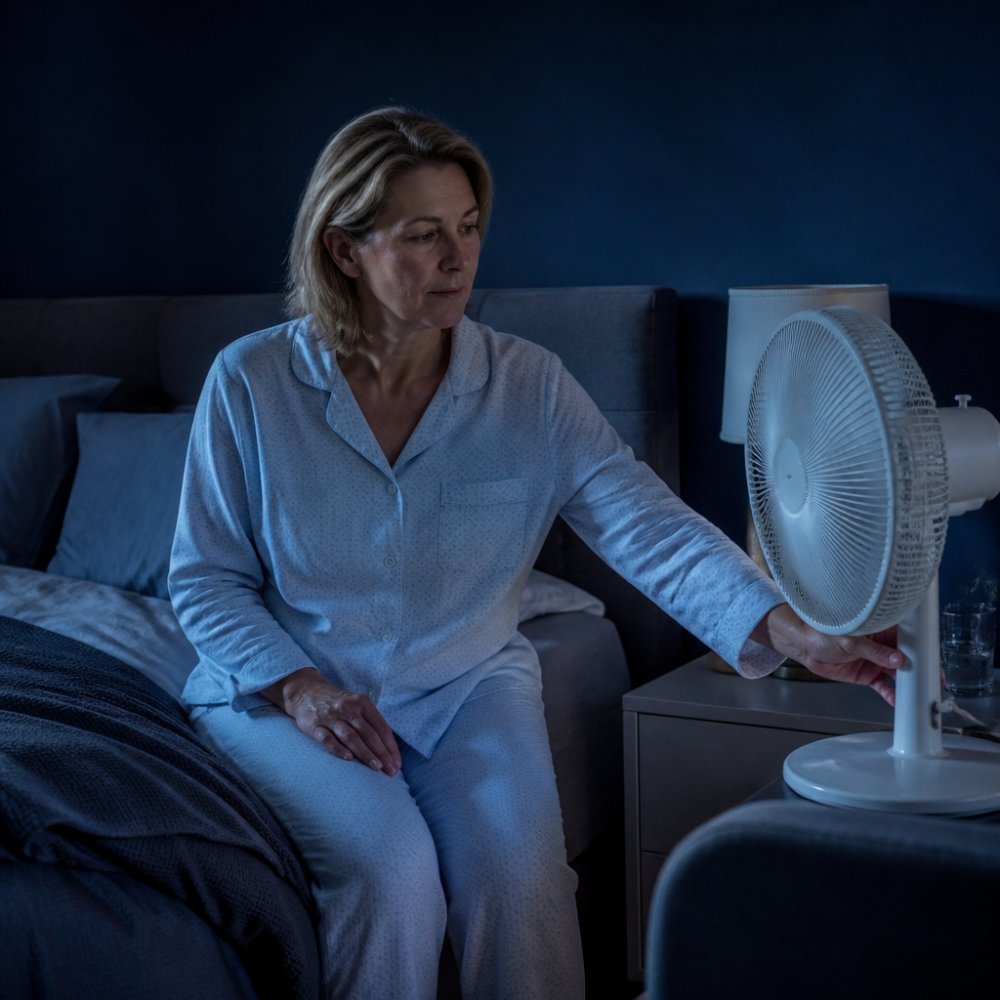 A woman in her fifties sitting on the edge of a bed at night in a cool, dimly lit bedroom, wearing light cotton pyjamas, adjusting a bedside fan, looking calm and rested