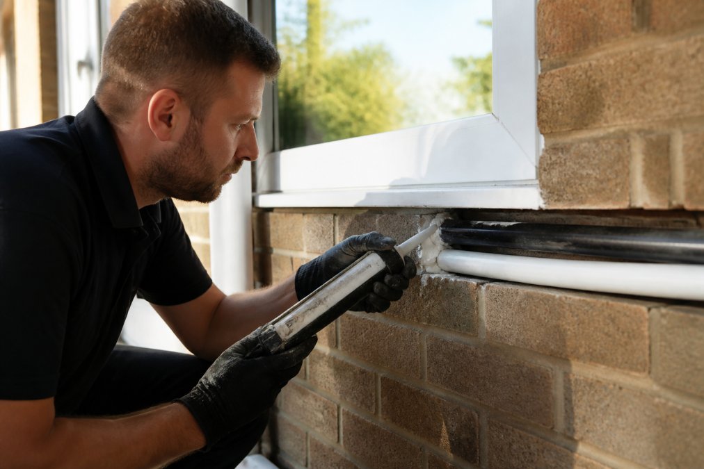 Professional technician carefully sealing gaps around pipes and cable entry points using draught-proofing strips and silicone caulk, hands working on a cavity wall with tools visible, bright daylight streaming through window