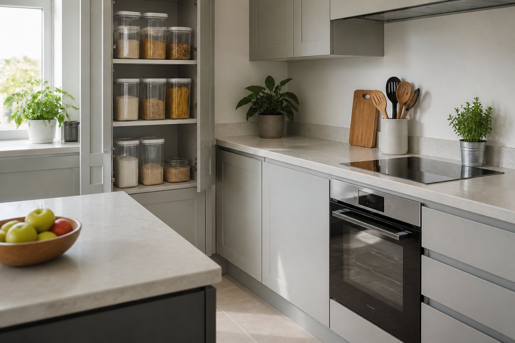 Well-organised domestic kitchen showing sealed plastic containers for dry goods, clean surfaces, closed cupboard doors, and proper food storage in a modern home setting with natural light