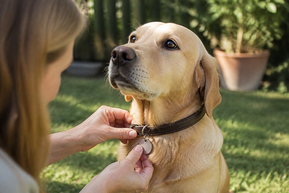 Close-up of a person's hand attaching a stainless steel tag to a dog's collar using a split ring, with the dog sitting patiently in a sunlit backyard