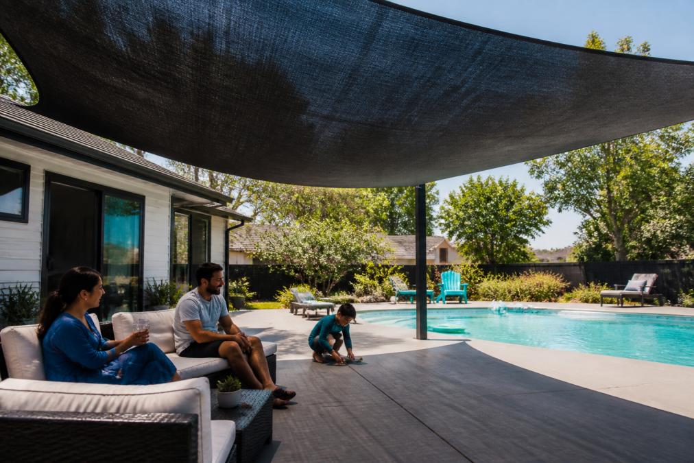 Residential pool deck with large shade sail installed overhead casting dark shadow across concrete surface on bright sunny day, with family lounging in shaded area
