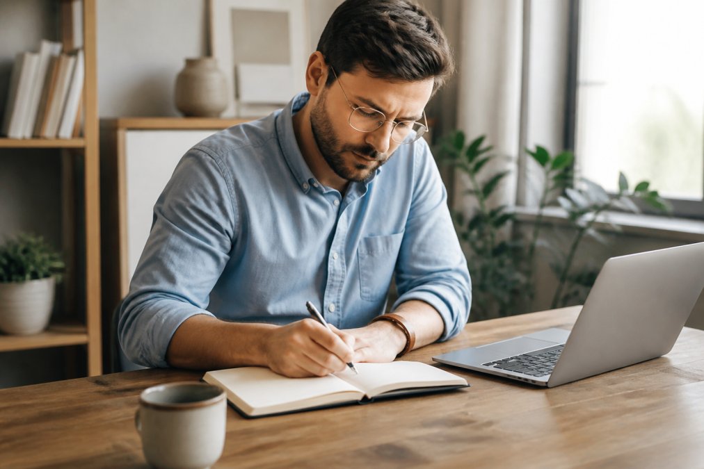 A focused entrepreneur sitting at a clean wooden desk in a sunlit home office, writing in an open notebook with a laptop and a cup of coffee nearby