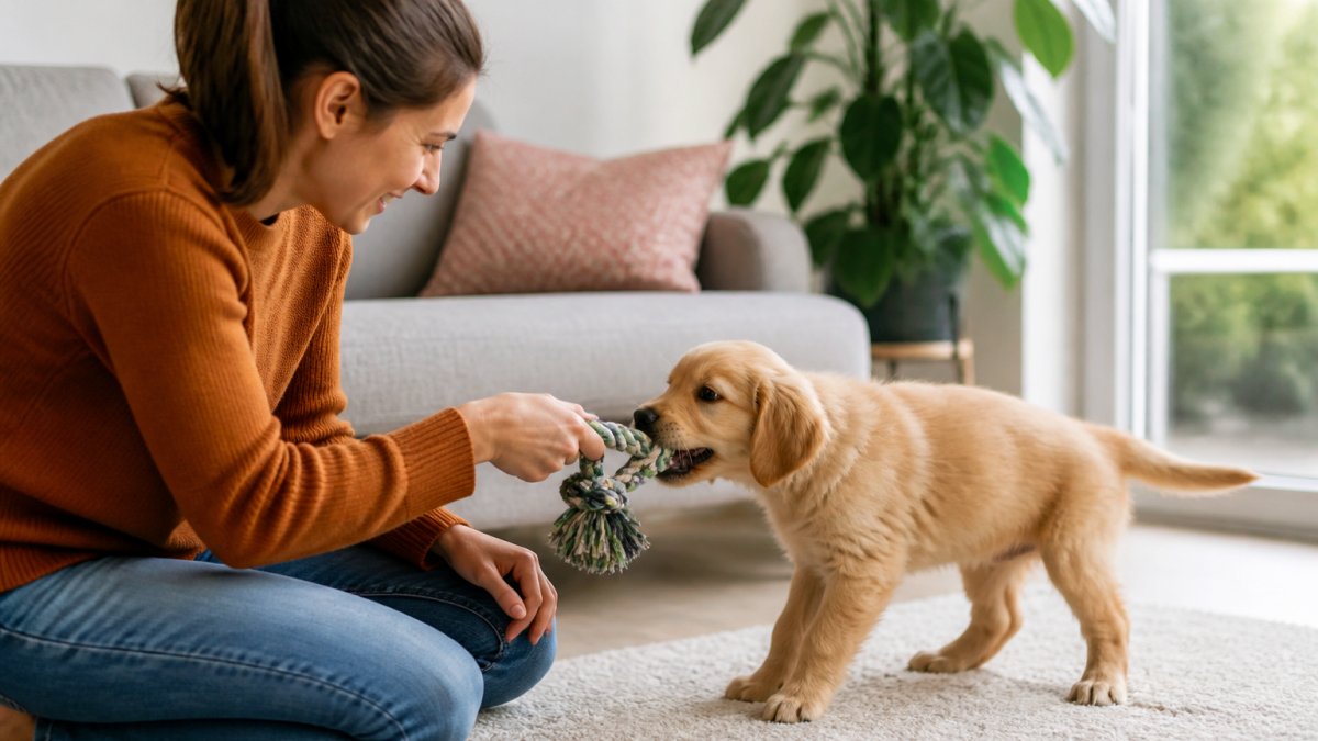 Owner playing with young puppy indoors, holding a durable rope toy while puppy gently engages with it, showing calm supervised interaction with natural window lighting