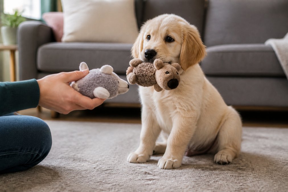 A person offers a plush toy to a puppy chewing on another toy on the living room floor.