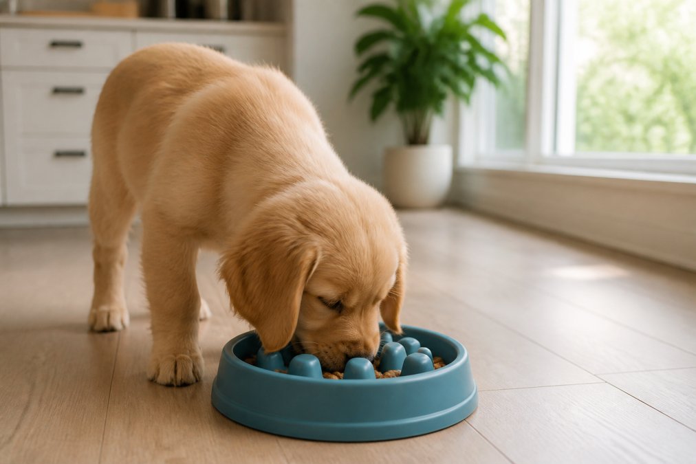 A happy golden retriever puppy eating kibble from a textured slow-feeder bowl in a bright modern kitchen, natural daylight streaming through a window