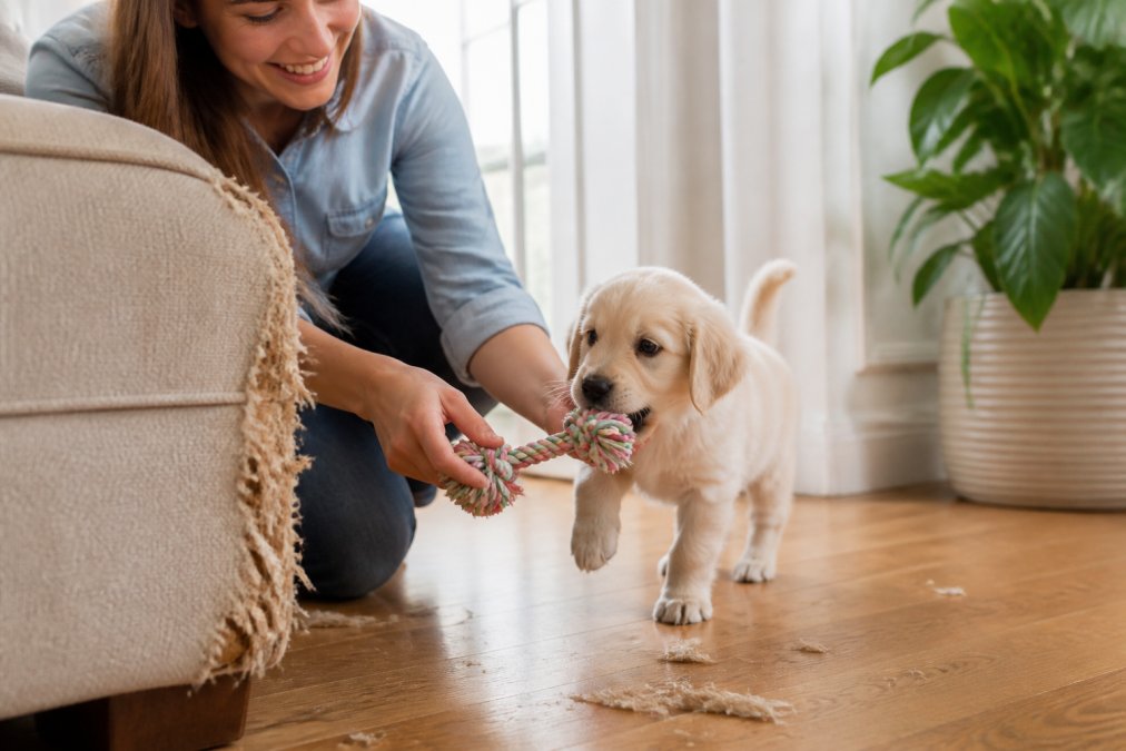 Step-by-step process showing how to stop puppy from chewing furniture by redirecting them to a toy