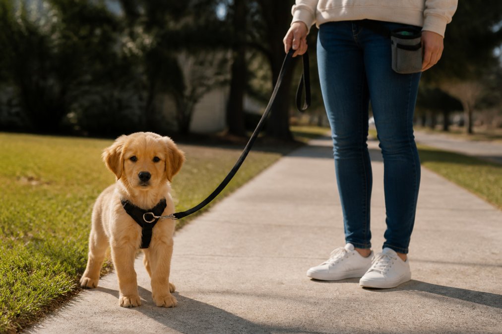 A young puppy wearing a front-clip no-pull harness standing calmly on a sidewalk while its owner holds a loose leash, with a treat pouch visible at the owner's waist