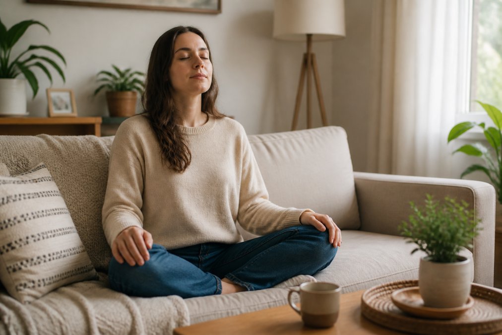 A calm woman sitting on a couch with her eyes closed, hands resting on her knees, taking a slow deep breath in a softly lit living room