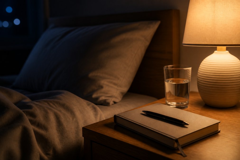 Journal, pen, and water glass on a nightstand beside a warm lamp in a calm, dimly lit bedroom at night.