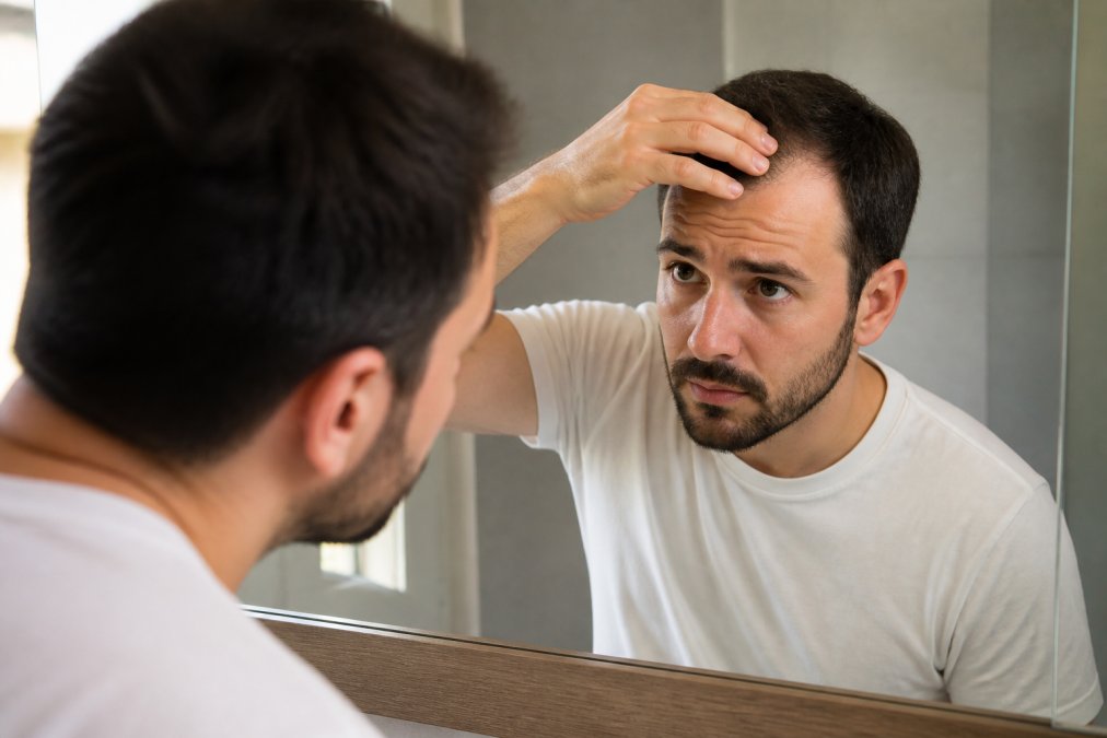 Person examining their hairline in mirror with natural morning light, showing early signs of receding hairline