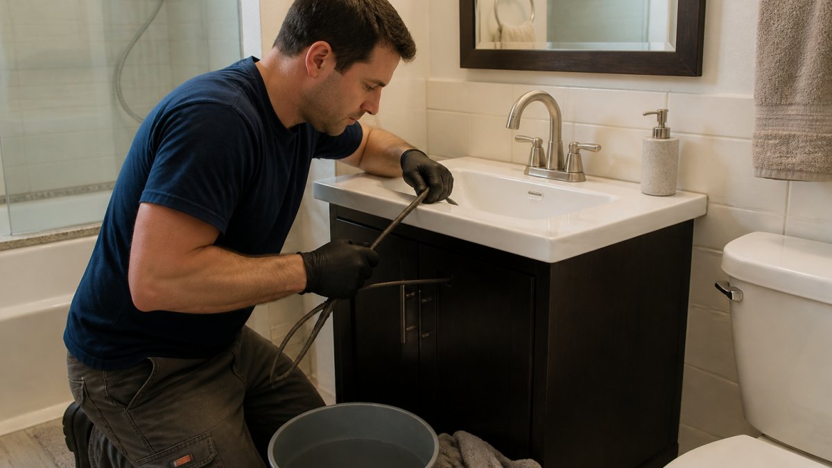 Homeowner using a drain snake in a bathroom sink to clear recurring drain clogs
