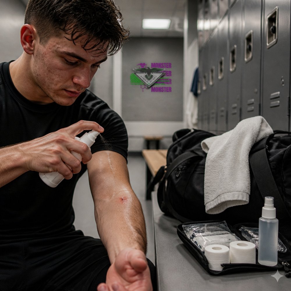 Close-up of an athlete's hands cleaning a small cut on their forearm with a spray bottle in a gym locker room, gym bag and clean towel visible nearby