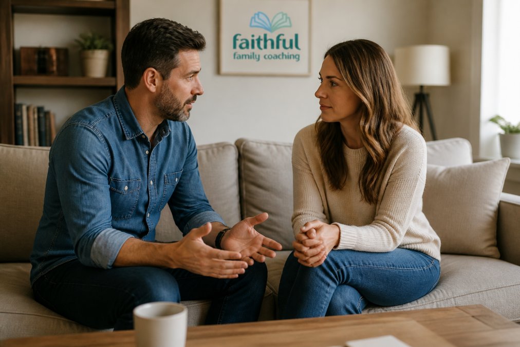 A couple sitting face-to-face on a couch in a calm, well-lit living room, having a focused conversation with open body language and attentive expressions