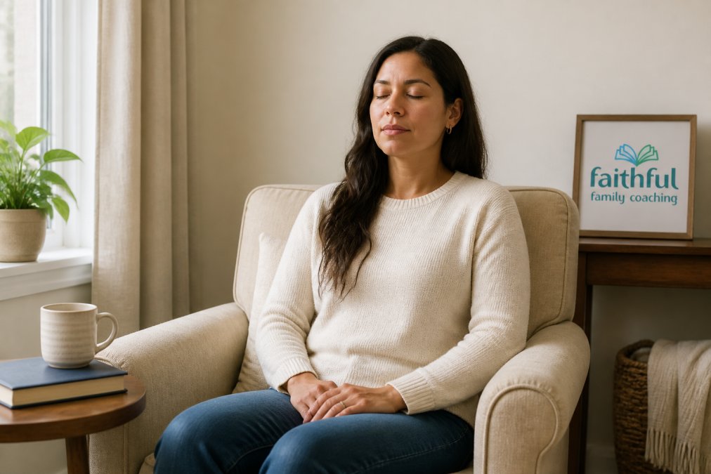 A person sitting peacefully in a quiet space, hands resting, eyes closed or looking peaceful, suggesting a moment of calm reflection or breathing exercise