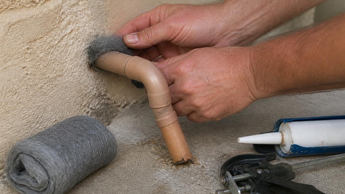 Close-up of a homeowner's hands pressing steel wool into a small gap around a pipe where it enters an exterior wall, with a tube of sealant nearby on a concrete foundation
