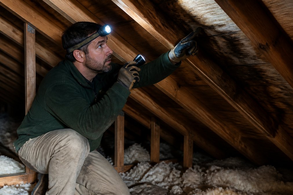 A homeowner wearing a headlamp and work gloves inspecting roof decking and insulation inside a dim attic, pointing a flashlight at dark water stains on the wooden beams