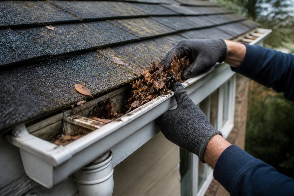 Hands removing accumulated leaves and debris from a roof gutter and downspout system to restore water flow, shot in natural daylight with the gutter clearly visible