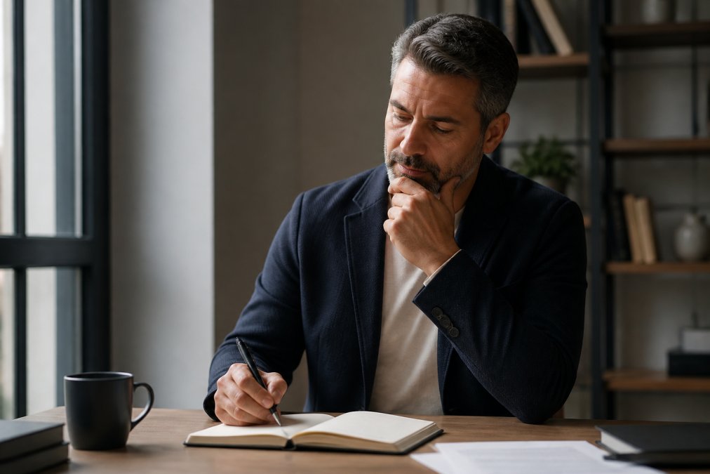 A professional pauses at a desk with a notebook to stop second guessing a decision in a calm, sunlit office.