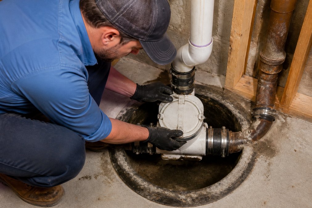 Diagram illustrating the backwater valve installation process to stop sewer backups in home plumbing systems.
