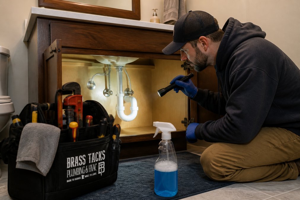 Homeowner inspecting a bathroom P-trap with a flashlight to locate a sewer gas smell source