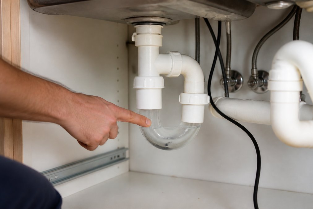Professional plumber's hand pointing to a P-trap under a residential sink, showing the curved pipe section with standing water visible inside the trap