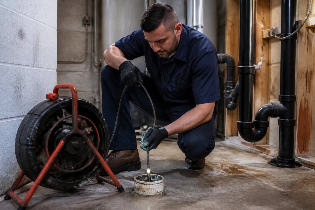 Licensed plumber in work uniform operating a sewer camera inspection tool in a residential basement, examining drain line with professional diagnostic equipment