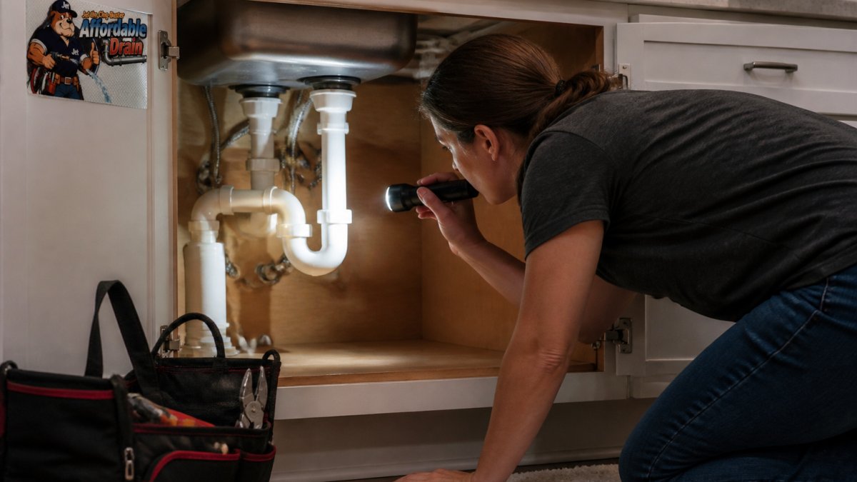 Homeowner using a flashlight to inspect sink pipes and the P-trap to stop sewer smells at the source
