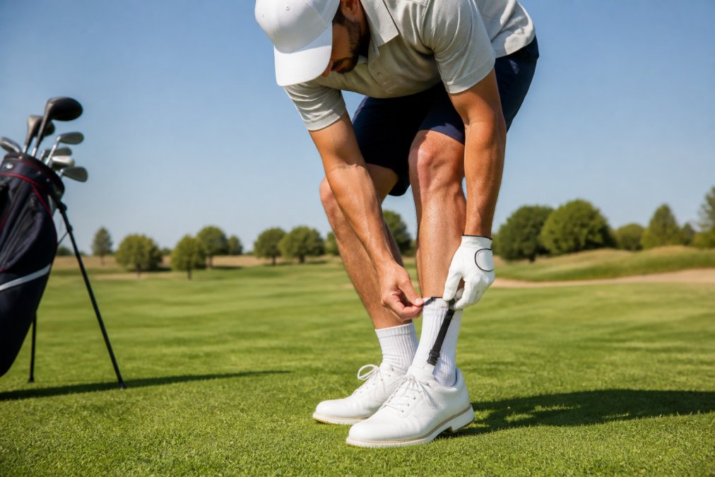 A golfer on a sunny course adjusting the shirt stays clipped to his socks and the hem of his polo shirt, showing the setup before a swing