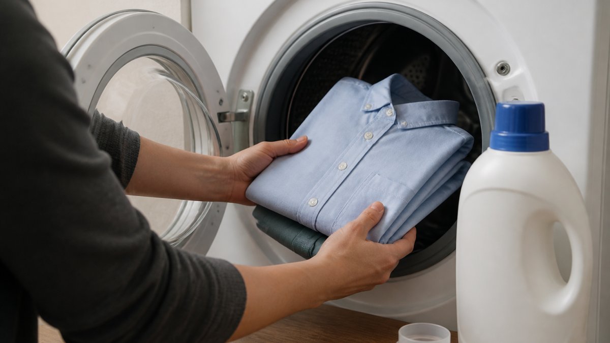 Hands placing a folded cotton shirt into a washing machine with a bottle of liquid detergent on the counter.