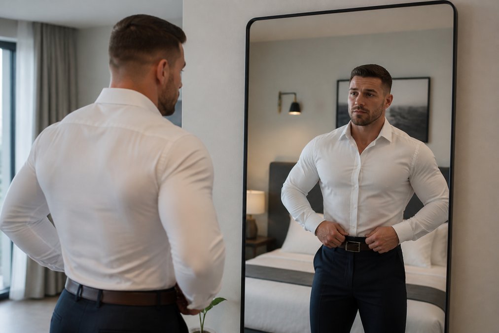 Muscular man demonstrating a military tuck in a fitted shirt to show how to stop shirts looking baggy
